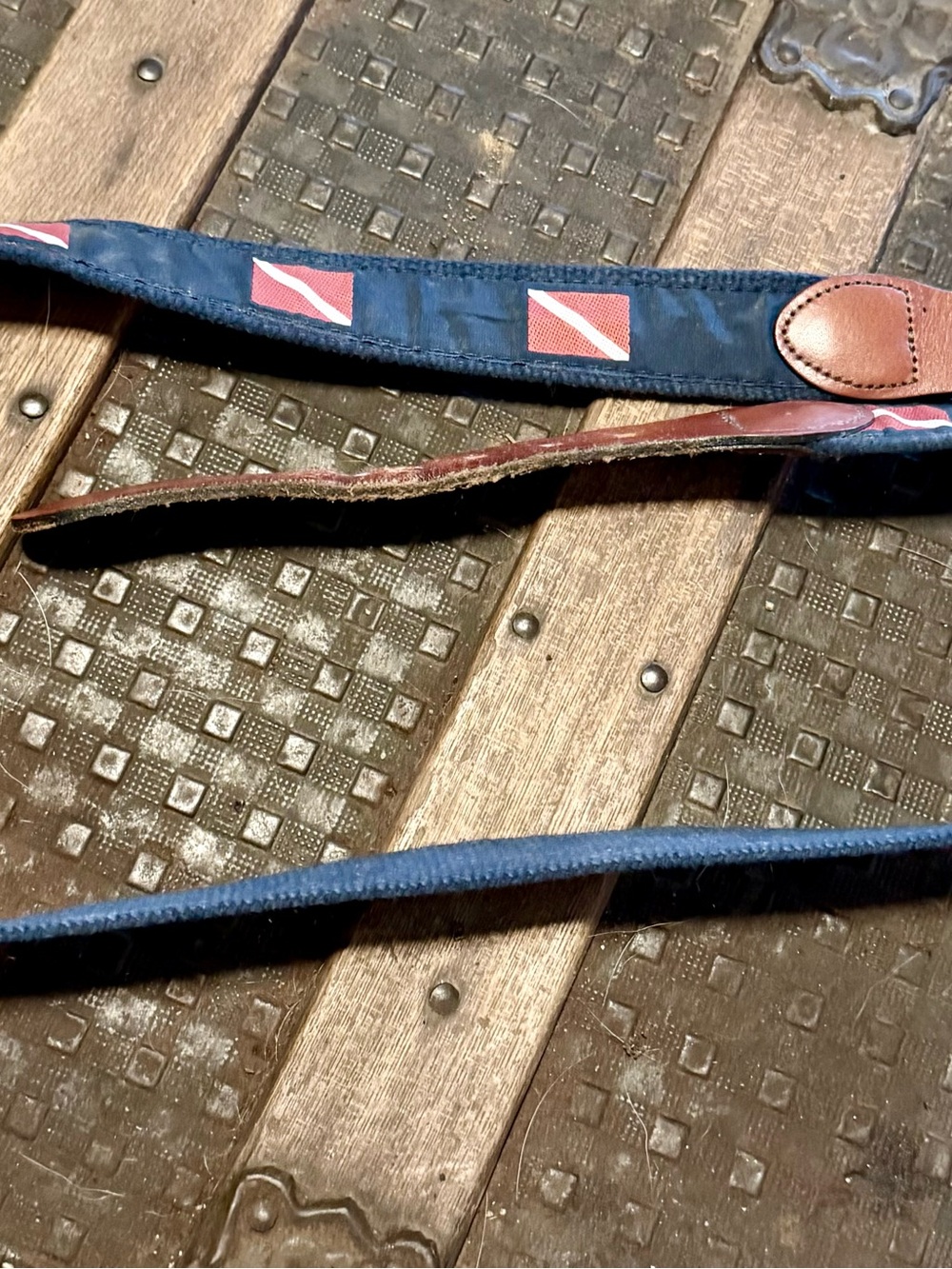 Navy canvas and leather mens belt with Red Dive  Flag Accents